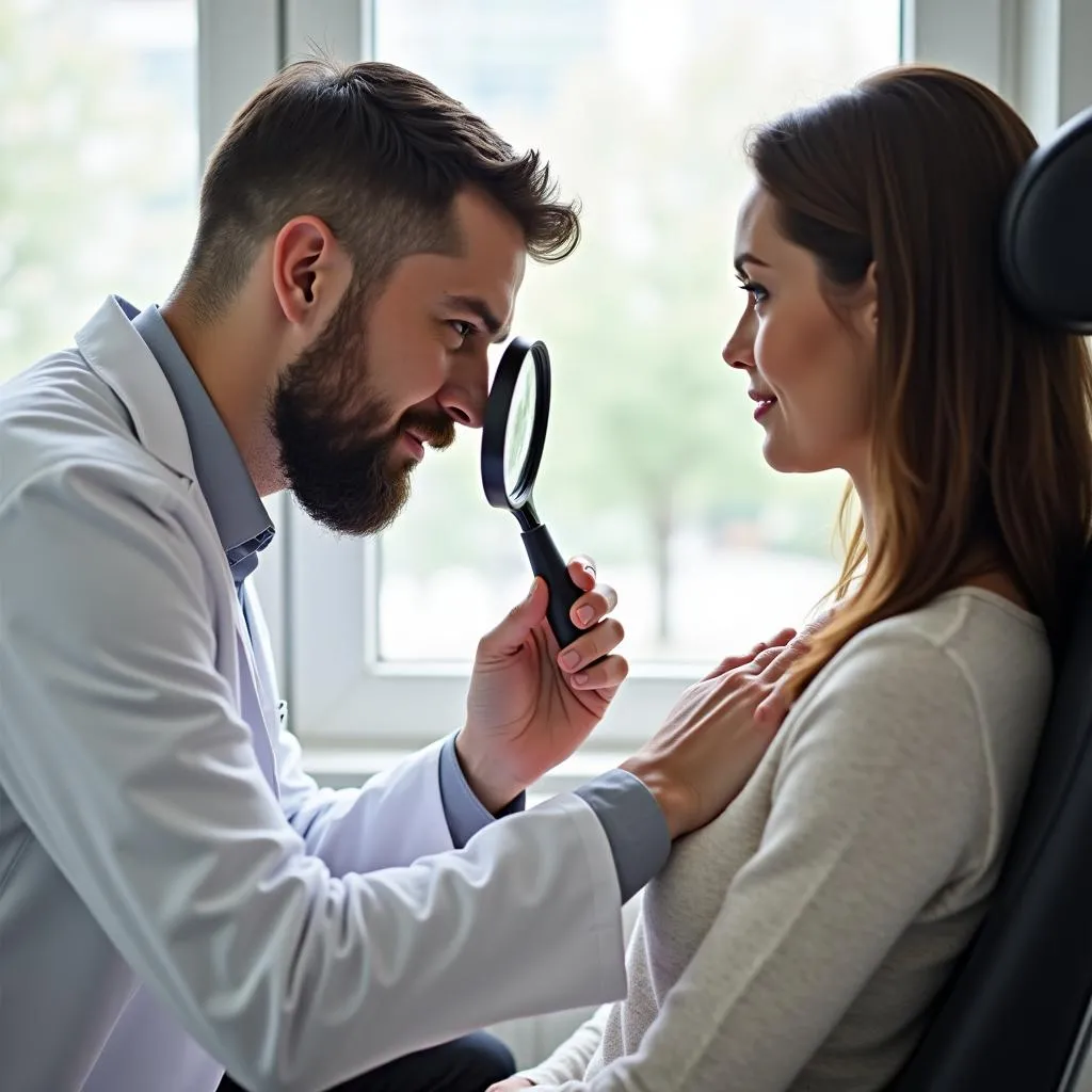 Dermatologist examining patient's skin