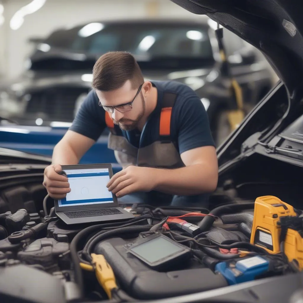 Using a diagnostic tool to scan the car for fault codes.