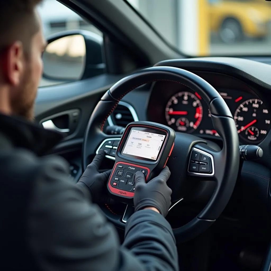 A technician using a diagnostics tool to diagnose a European car