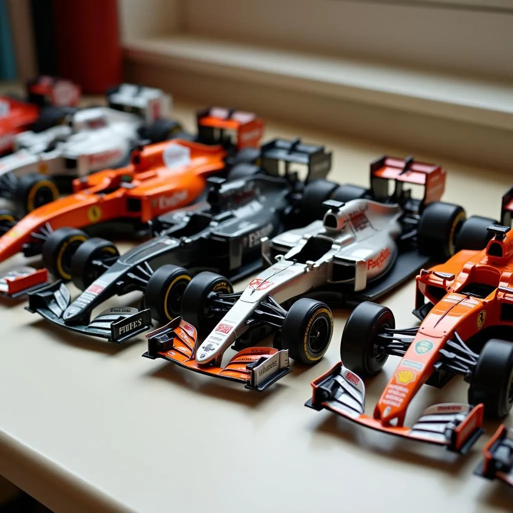 Different sizes of McLaren F1 model cars lined up on a table