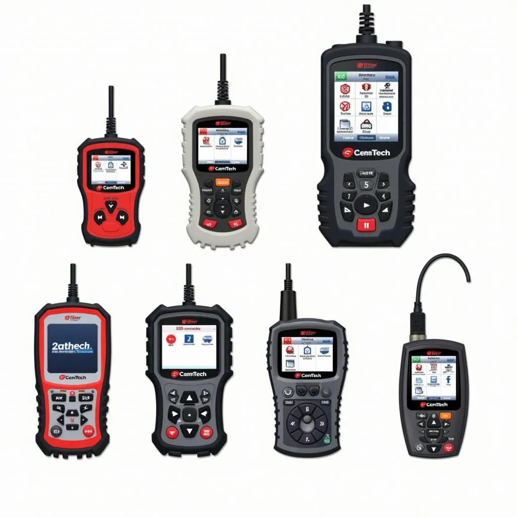 A variety of Cen Tech OBD2 code readers on display