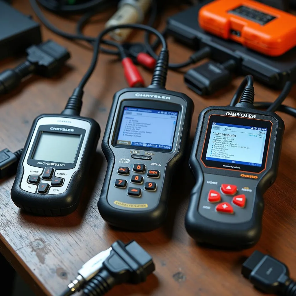 Various Chrysler OBD2 scanners displayed on a workbench