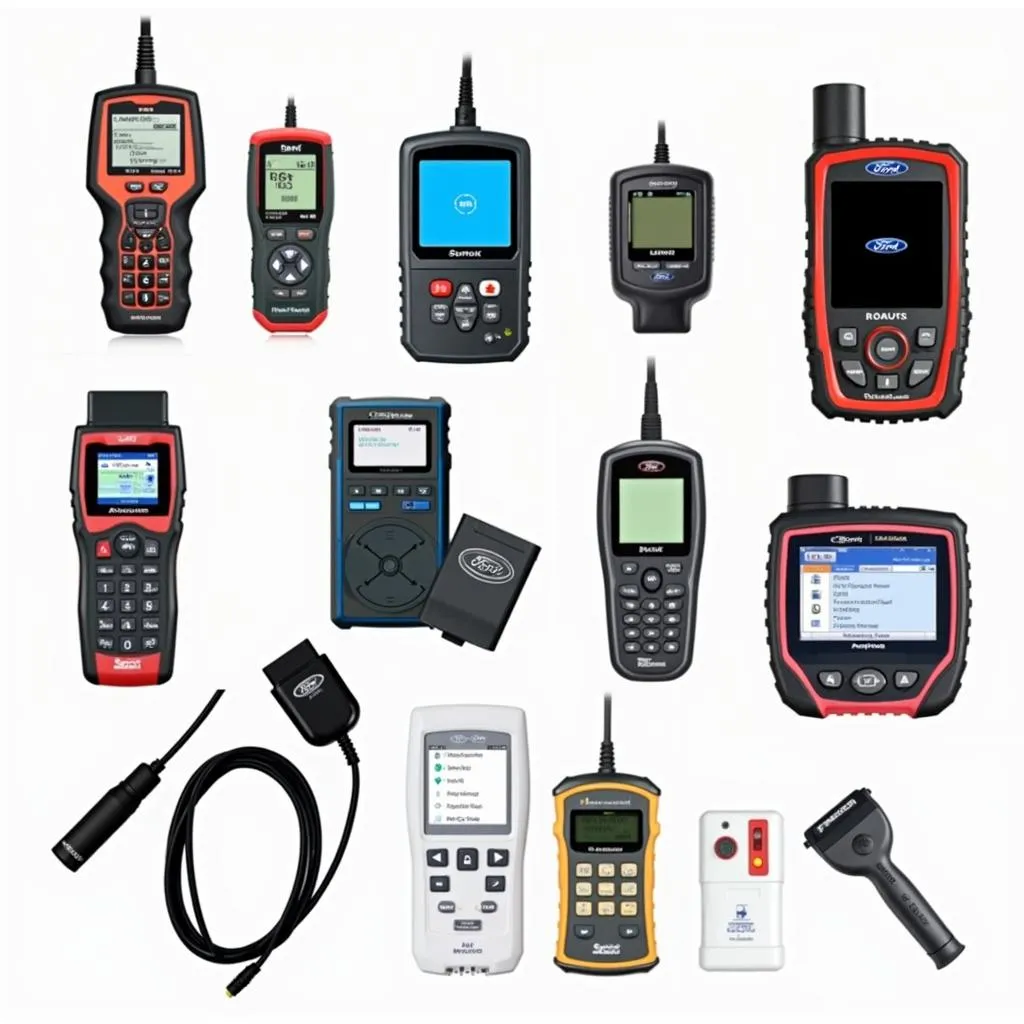 Various models of Ford OBD code readers displayed on a table