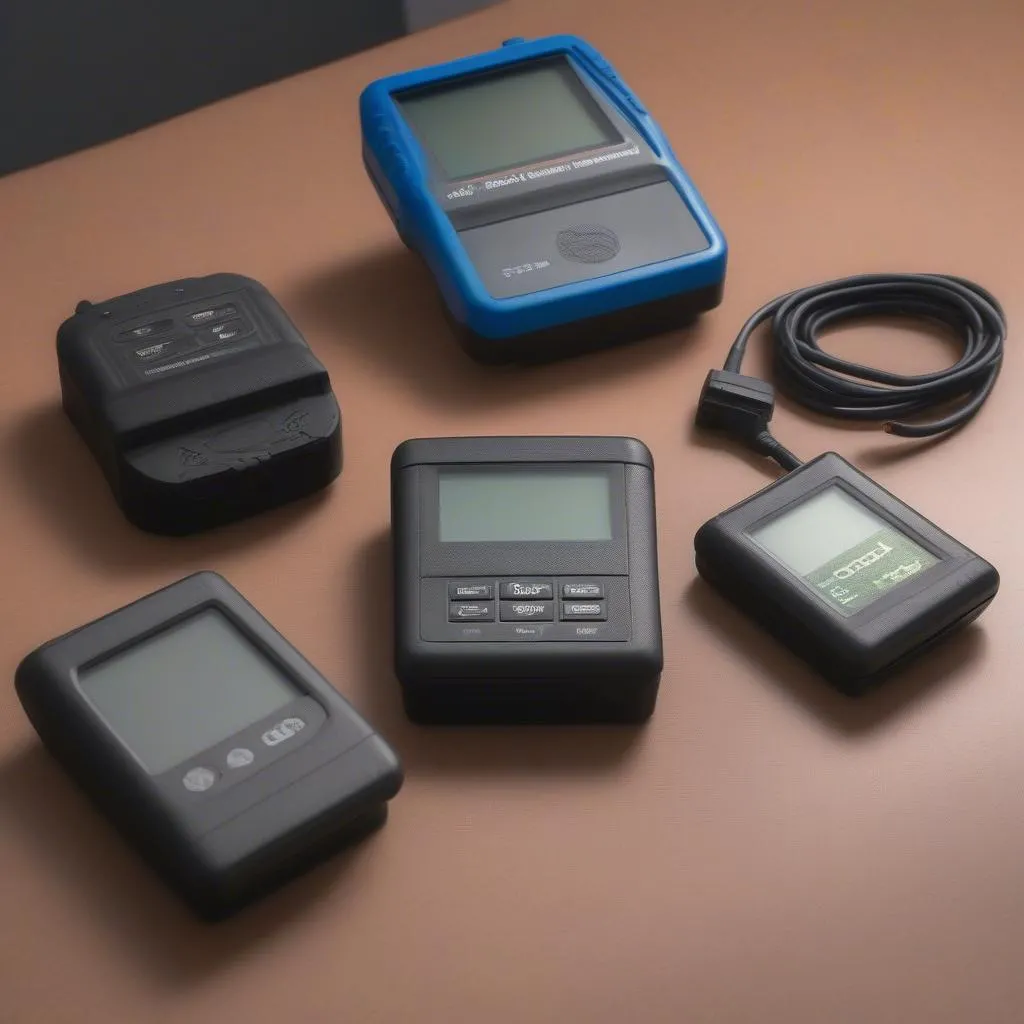 Various OBD II readers displayed on a table