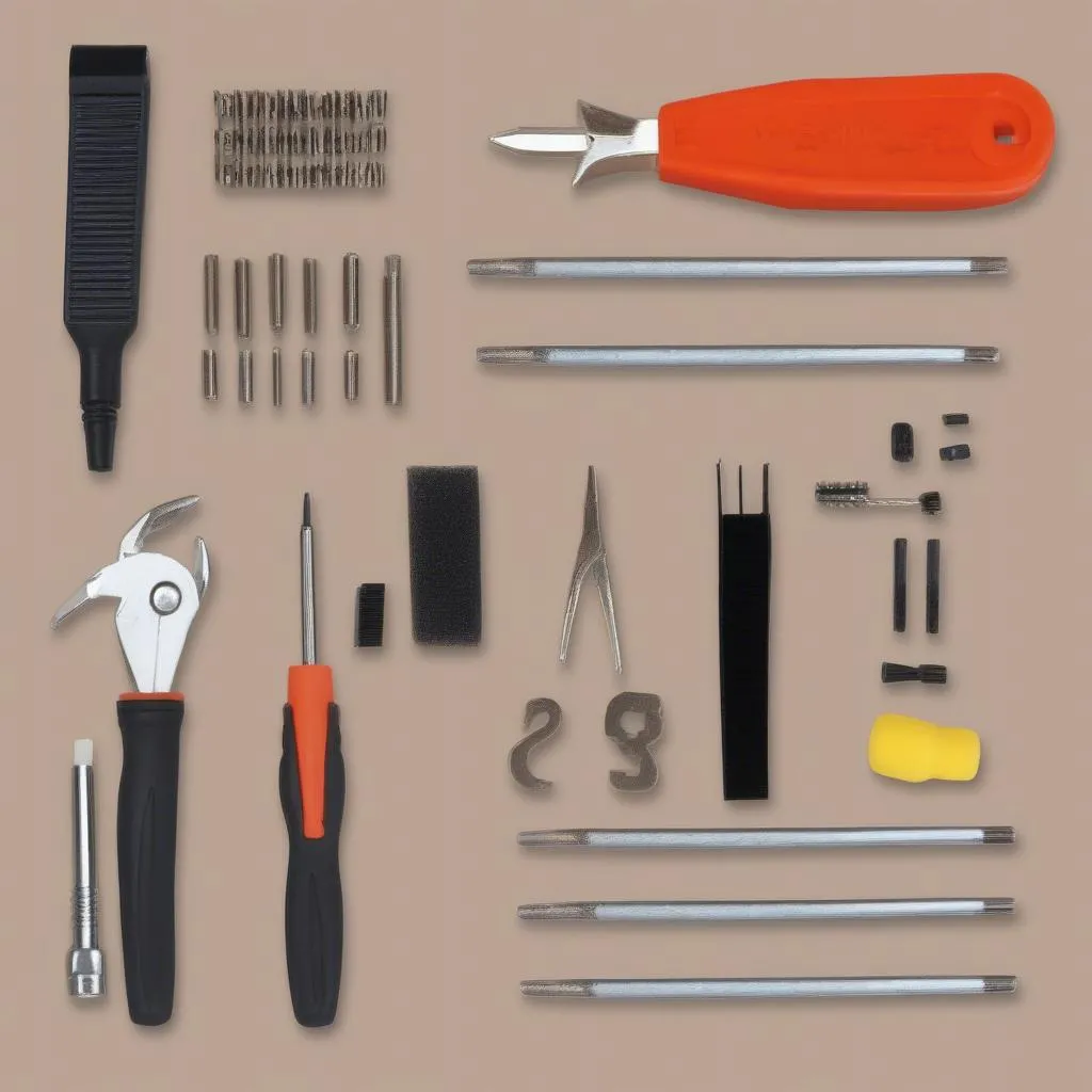 A set of tools used for cleaning and maintaining a dirt remote control car, including screwdrivers, pliers, wrenches, and a brush