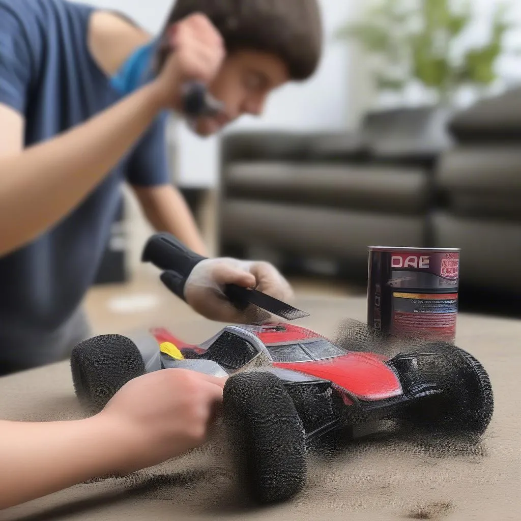 Cleaning a dirt remote control car with a brush and compressed air