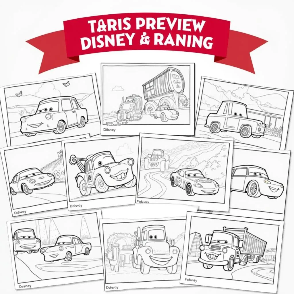 A collection of printable Disney Cars coloring pages showcasing various characters and scenes