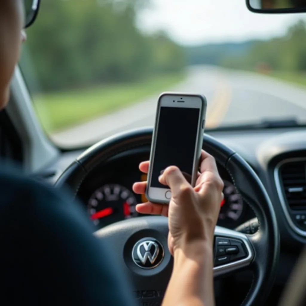 Driver using a mobile phone while driving, representing a major cause of accidents