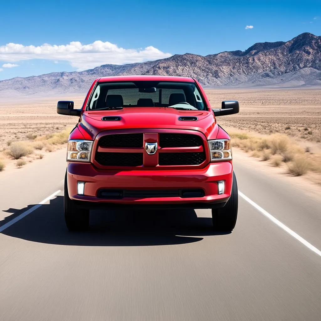 Dodge Ram driving down a desert road