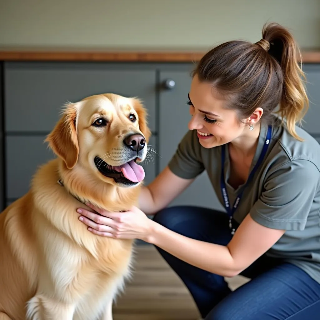 A dog receiving individualized attention from a staff member at a doggie daycare