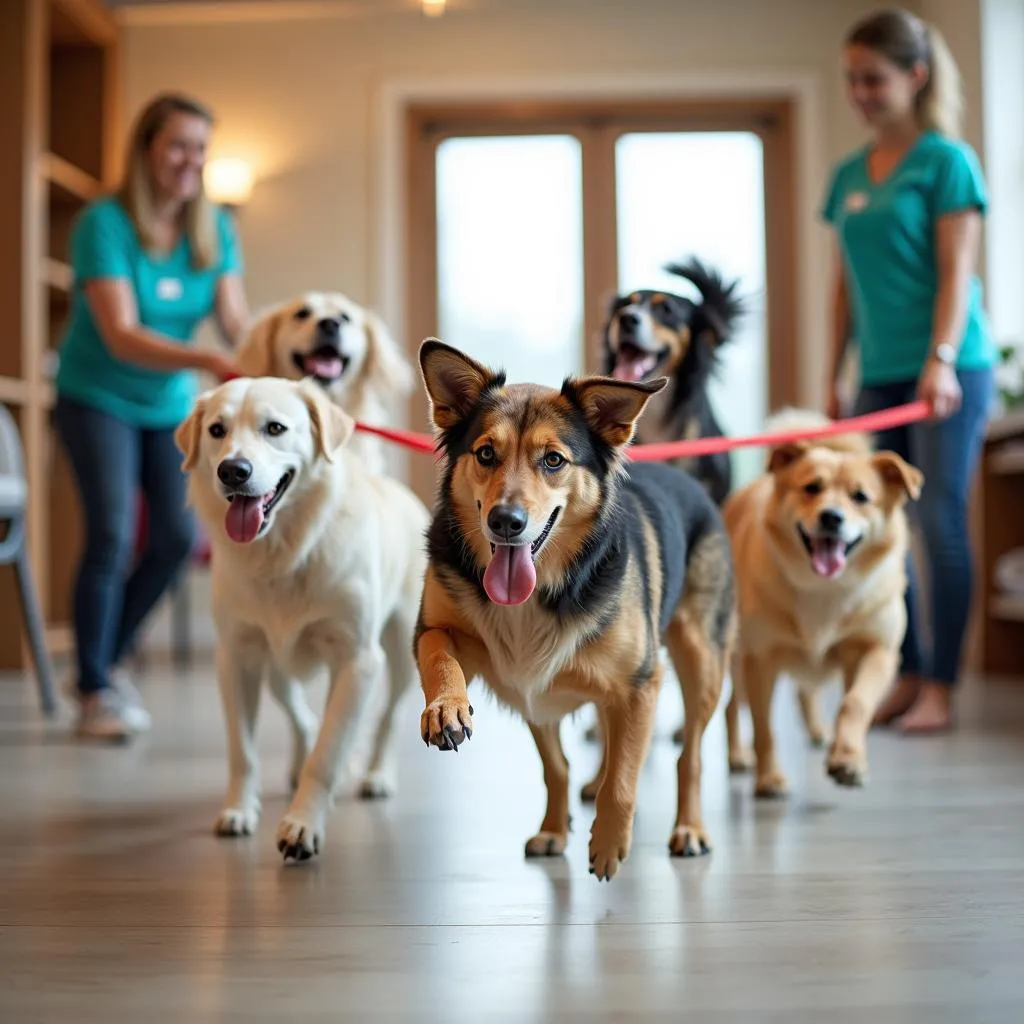 Dogs playing together at a doggie daycare center