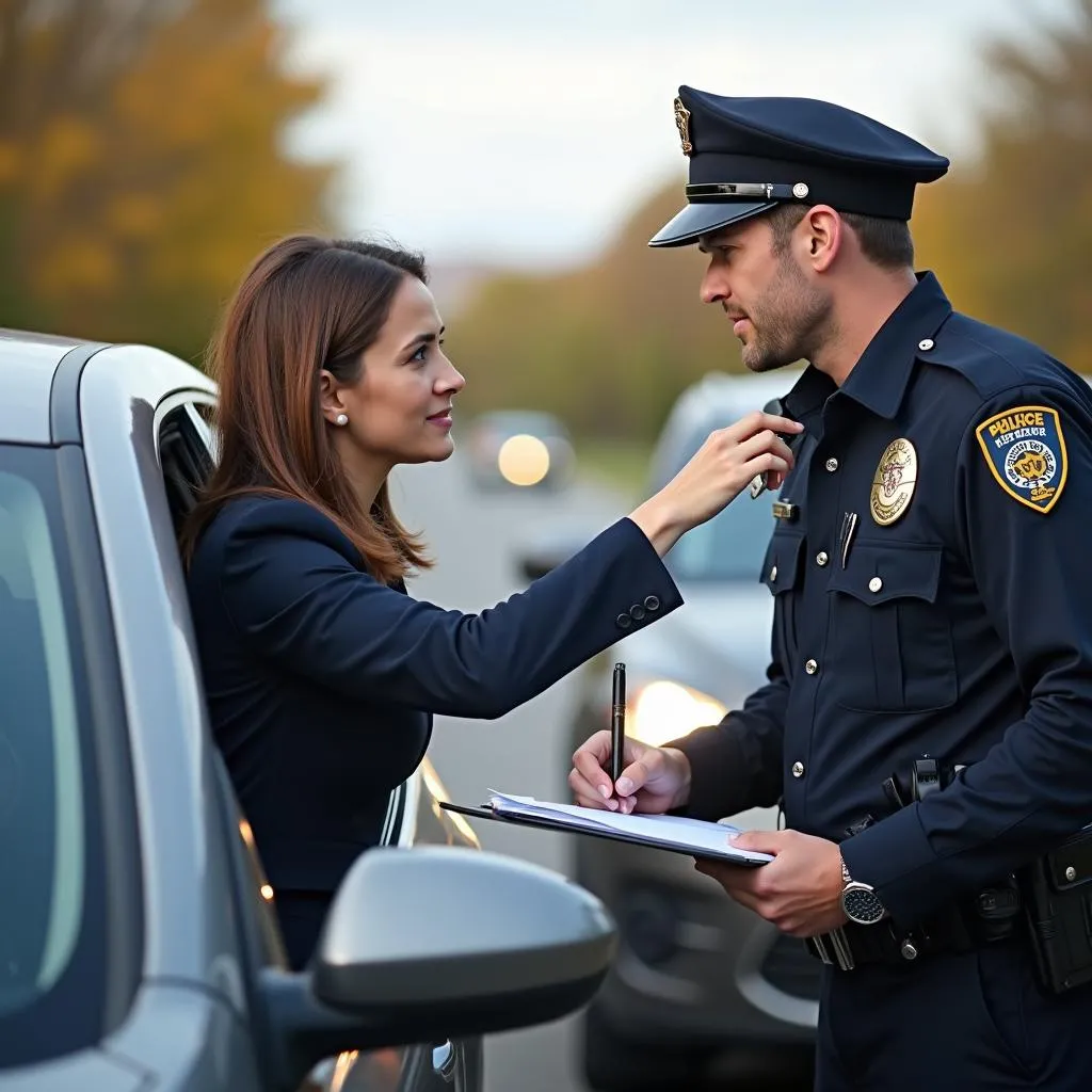 Driver explaining the situation to a police officer after an accident