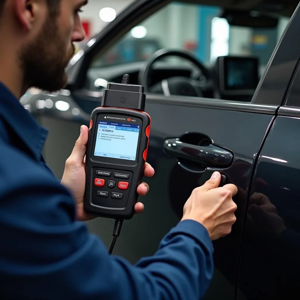 Mechanic using OBD scanner to read DTC