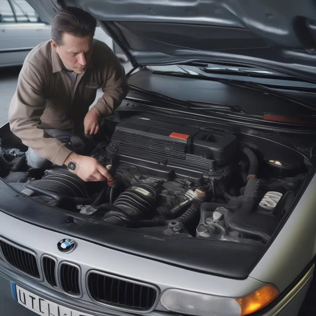 Mechanic inspecting the engine bay of a BMW E38