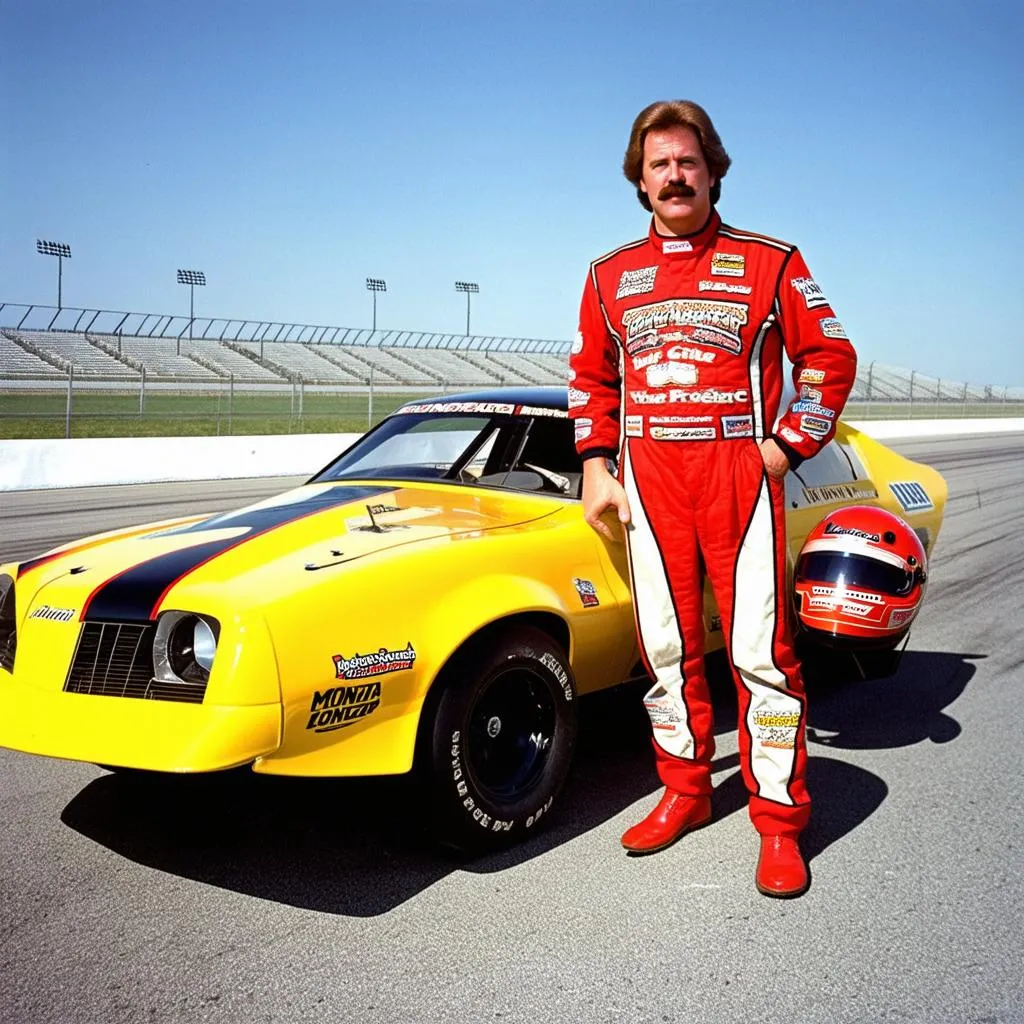 Ed John Force standing next to his 1977 Chevy Monza Funny Car, looking determined and ready to race.