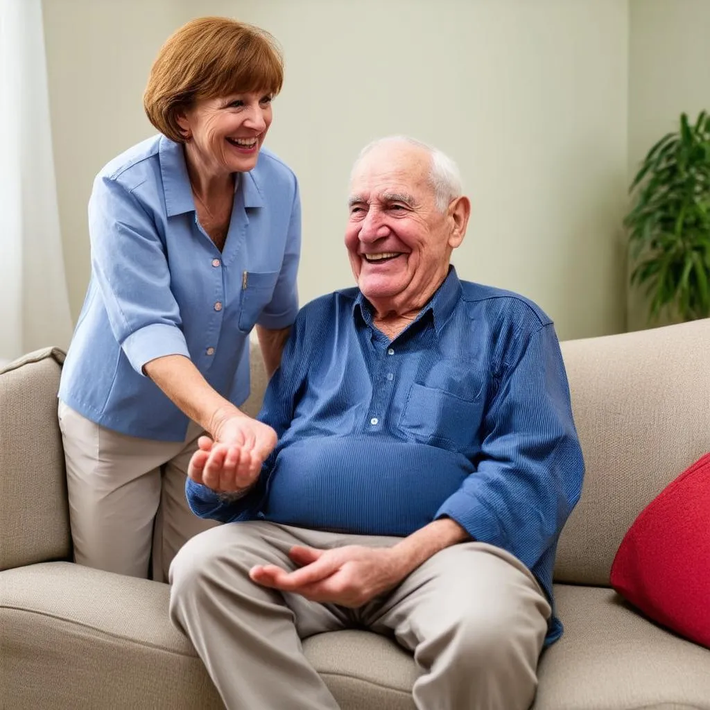 Smiling elderly man with his caregiver at home