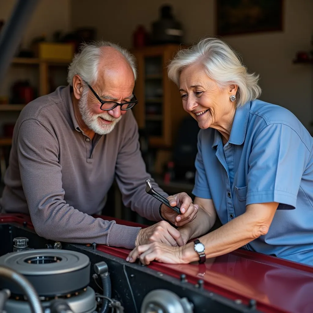 Elderly Man Working on Classic Car