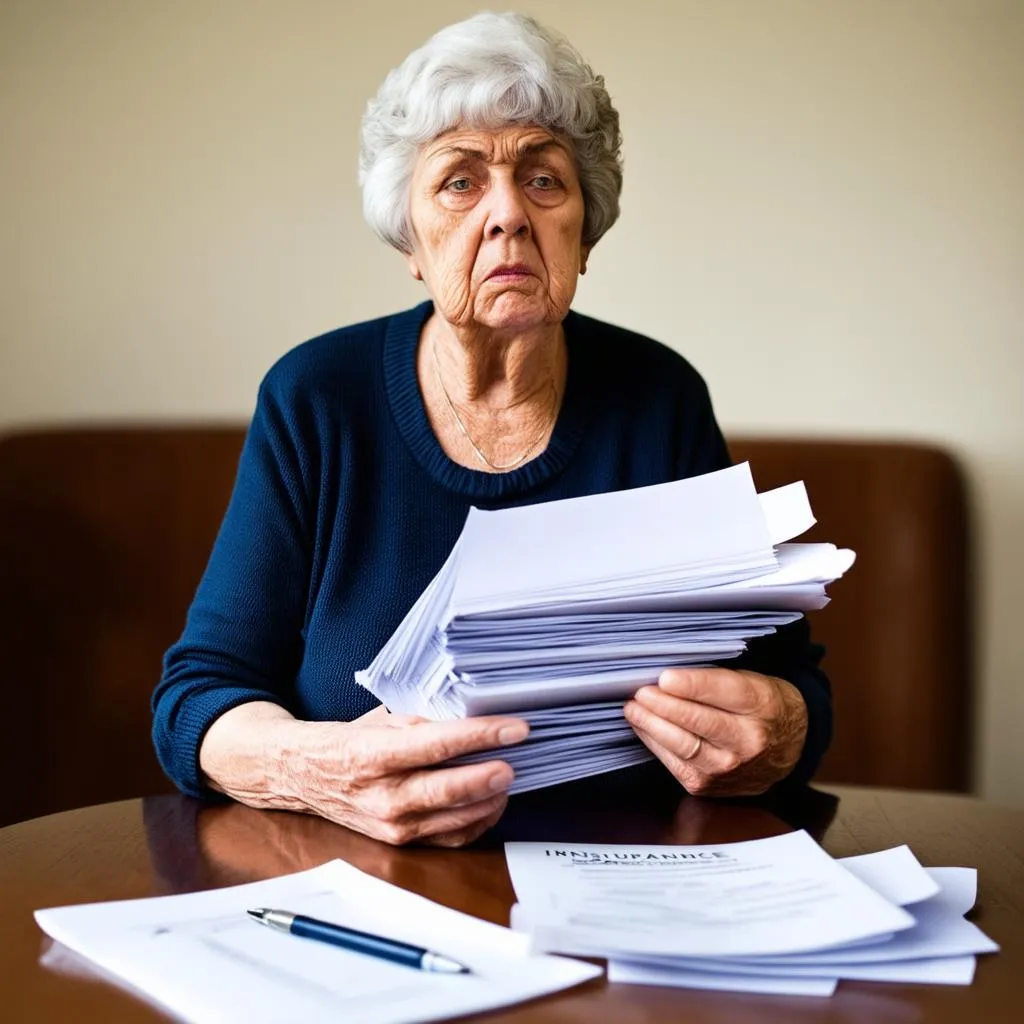 An elderly woman holds insurance papers in her hands, looking concerned.