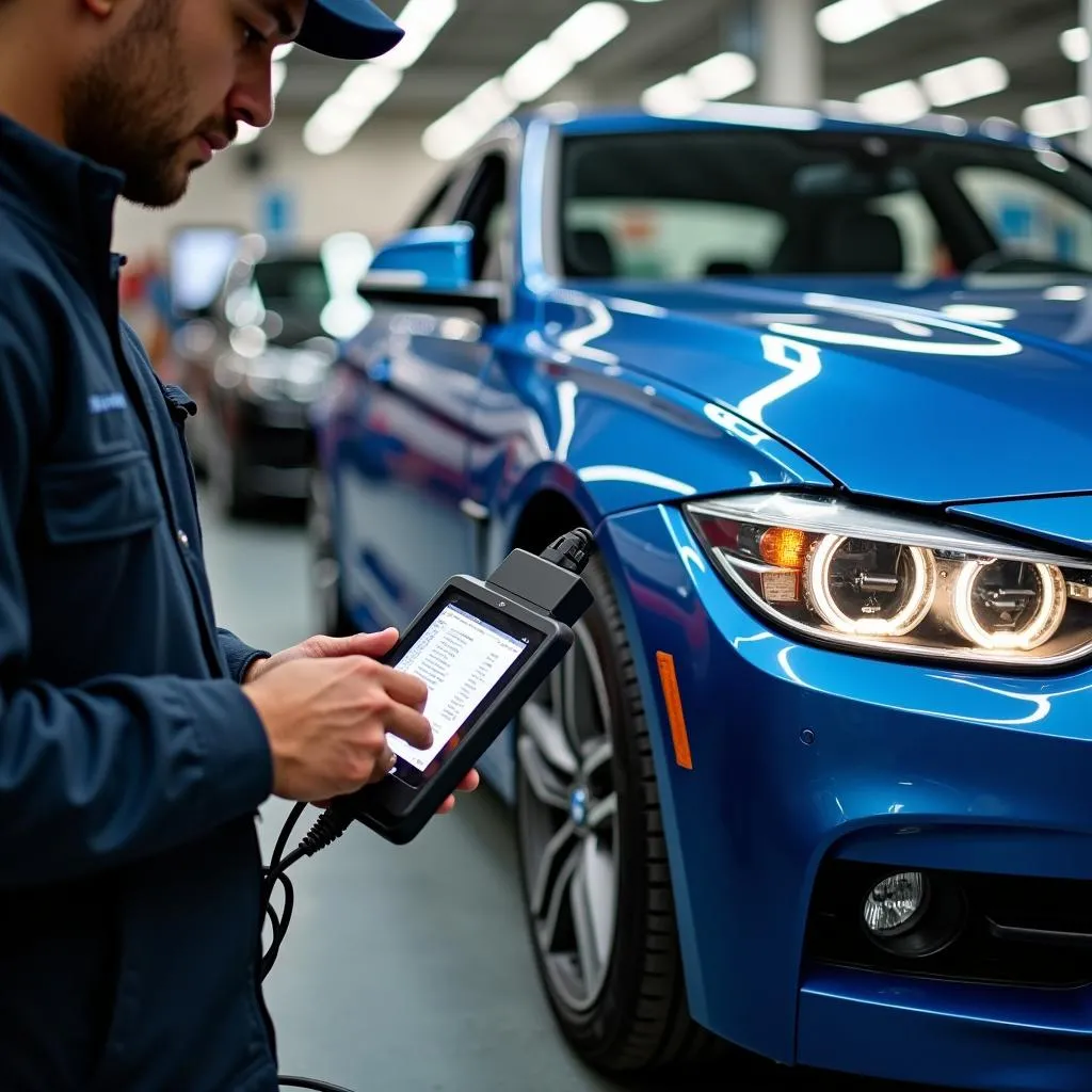 Mechanic connecting Electronic Fuchs OBD scanner to a BMW