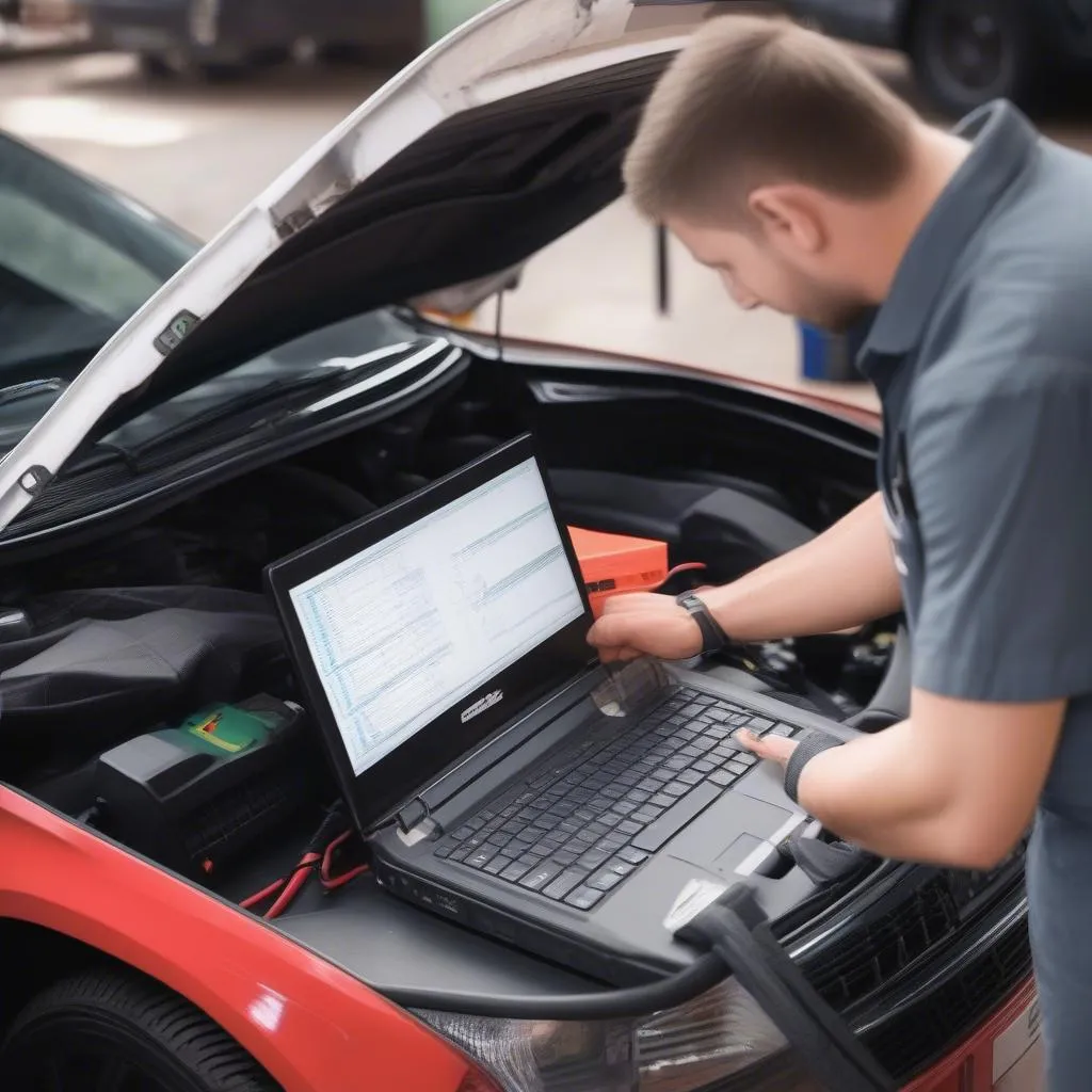 A mechanic using an ELM 327 OBD reader to diagnose a car's issues