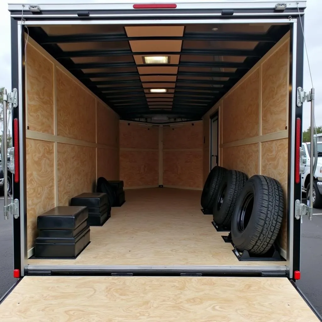 Interior of an enclosed car hauler with features