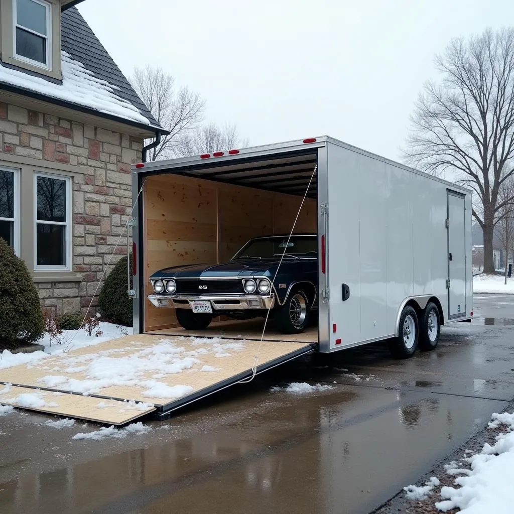 Enclosed car hauler shielding a car from weather