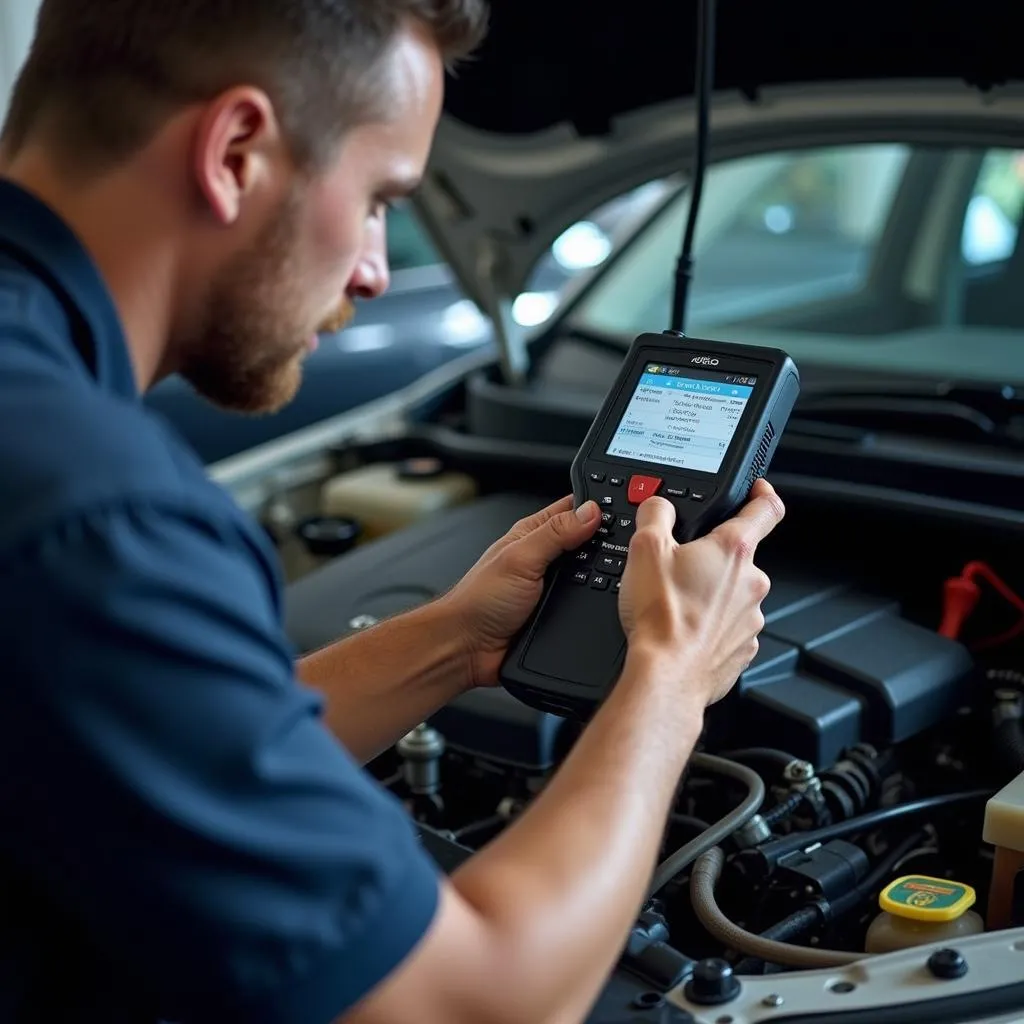 Mechanic Diagnosing Engine Using Dealer Scanner