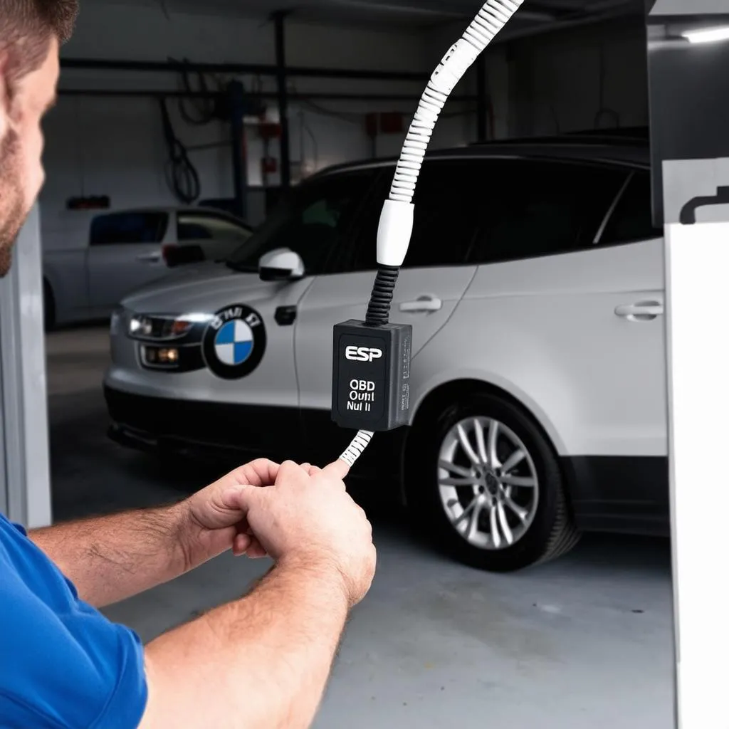 A man using an ESP Null Cable to diagnose a car