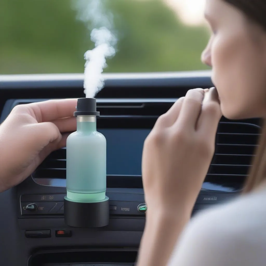 A person using a diffuser with essential oils to combat car sickness