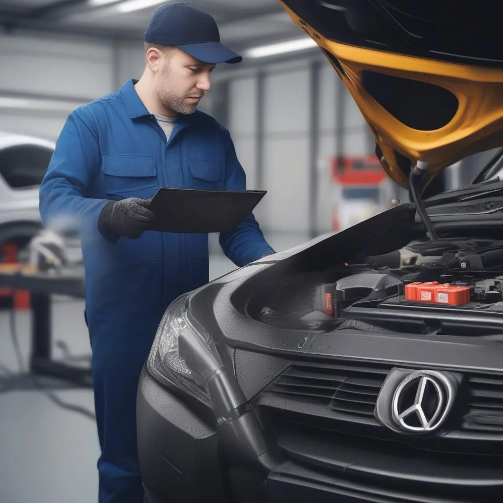 Inspecting the battery of a European car