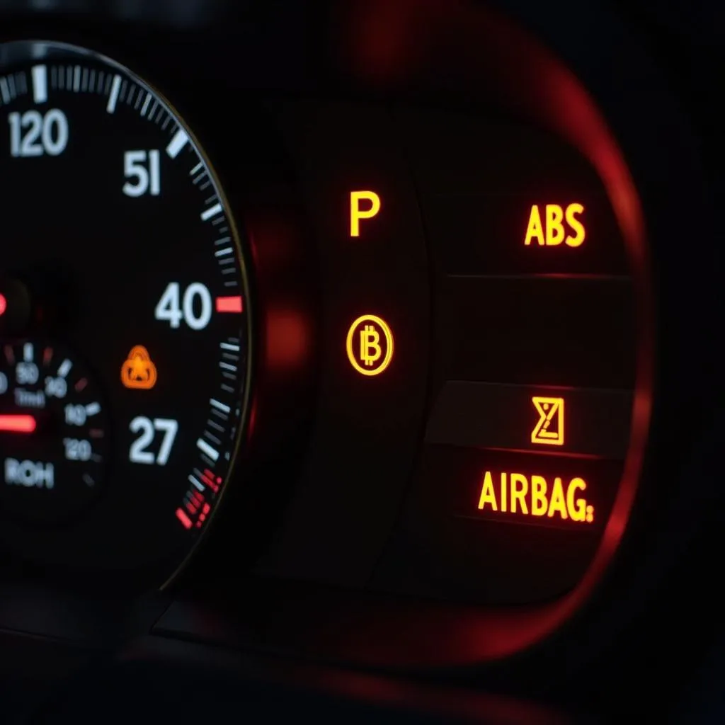 European car dashboard with multiple warning lights illuminated