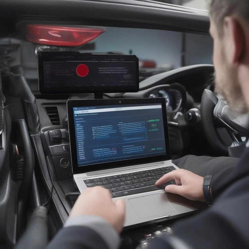 Laptop displaying diagnostic software connected to a car