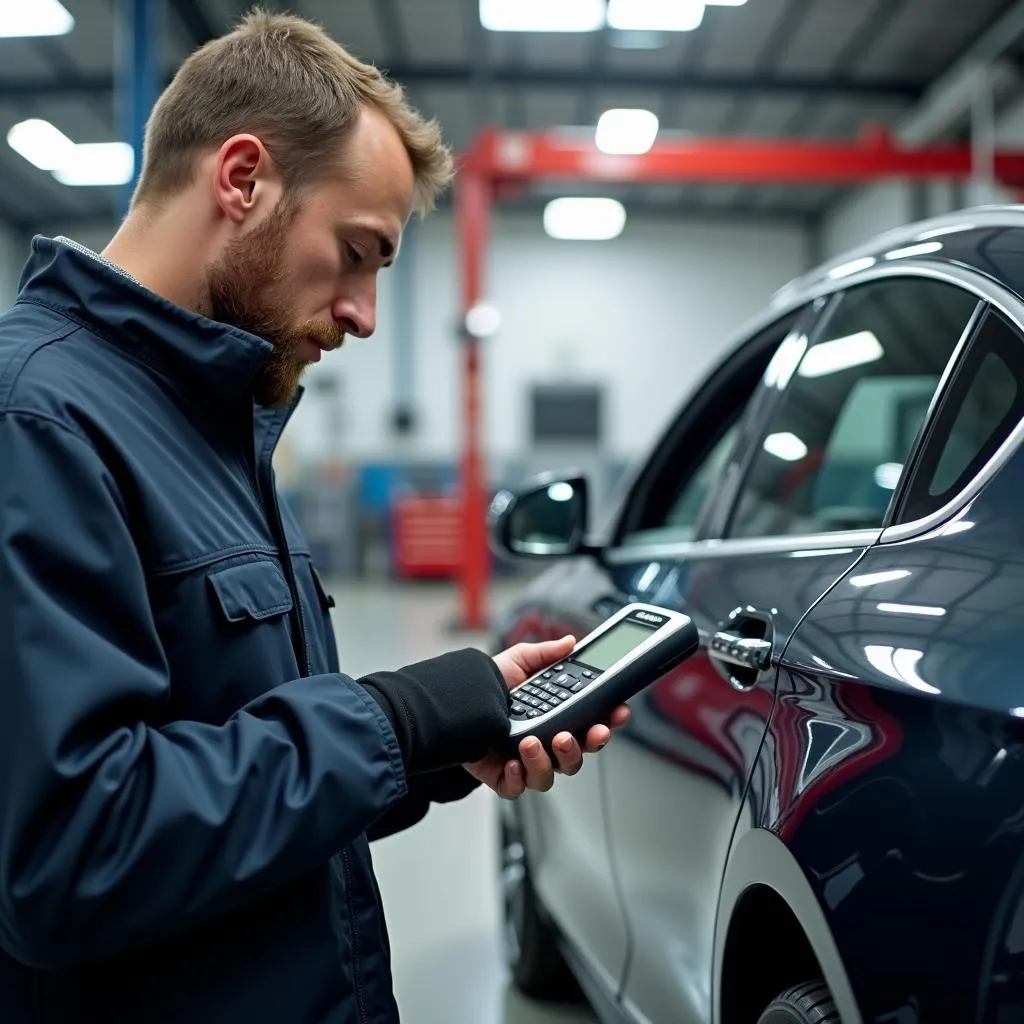 Mechanic using diagnostic tools on a European car