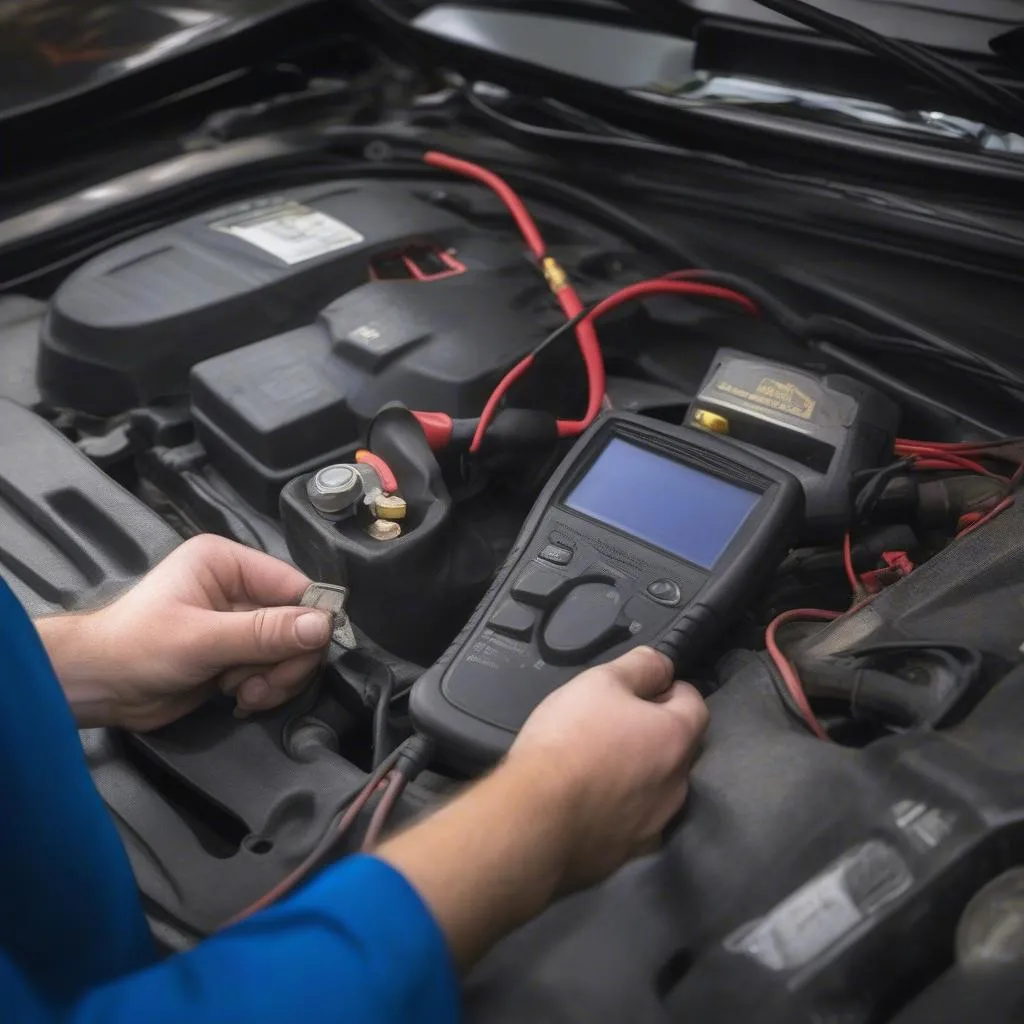 A mechanic working on a European car's electrical system using a diagnostic tool