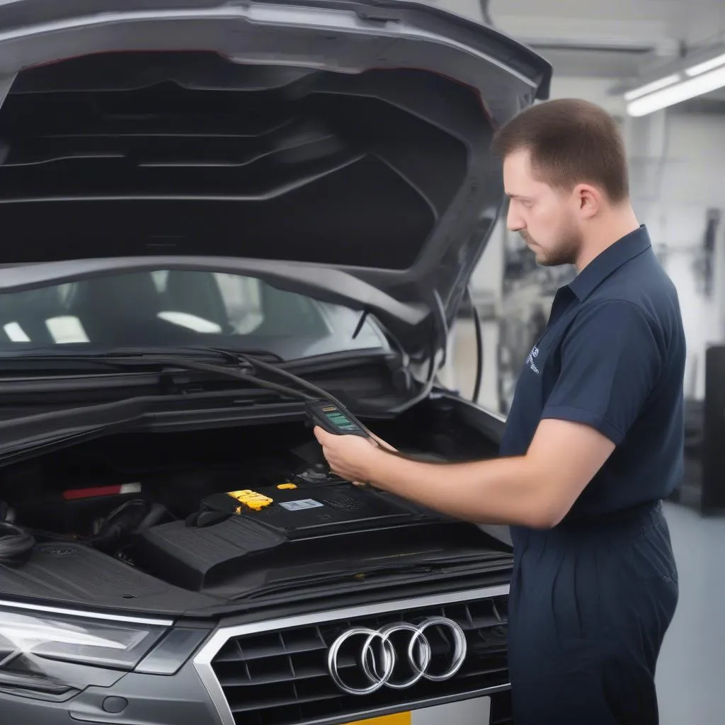 Bellin Fast Care Services' expert technicians using a dealer-level diagnostic scanner to diagnose an Audi A4