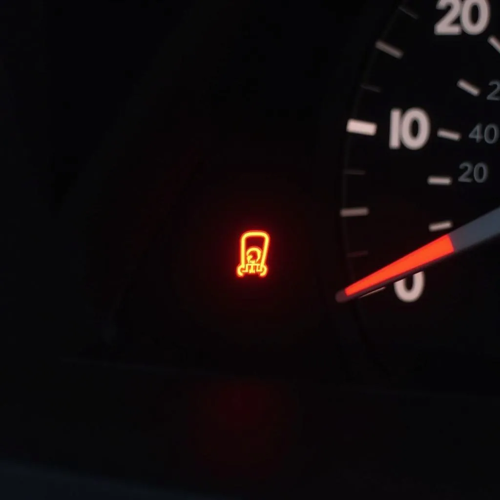 European car dashboard with engine warning light illuminated