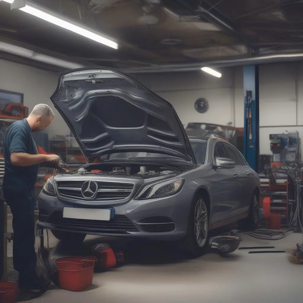 A European car being serviced at a specialized repair shop