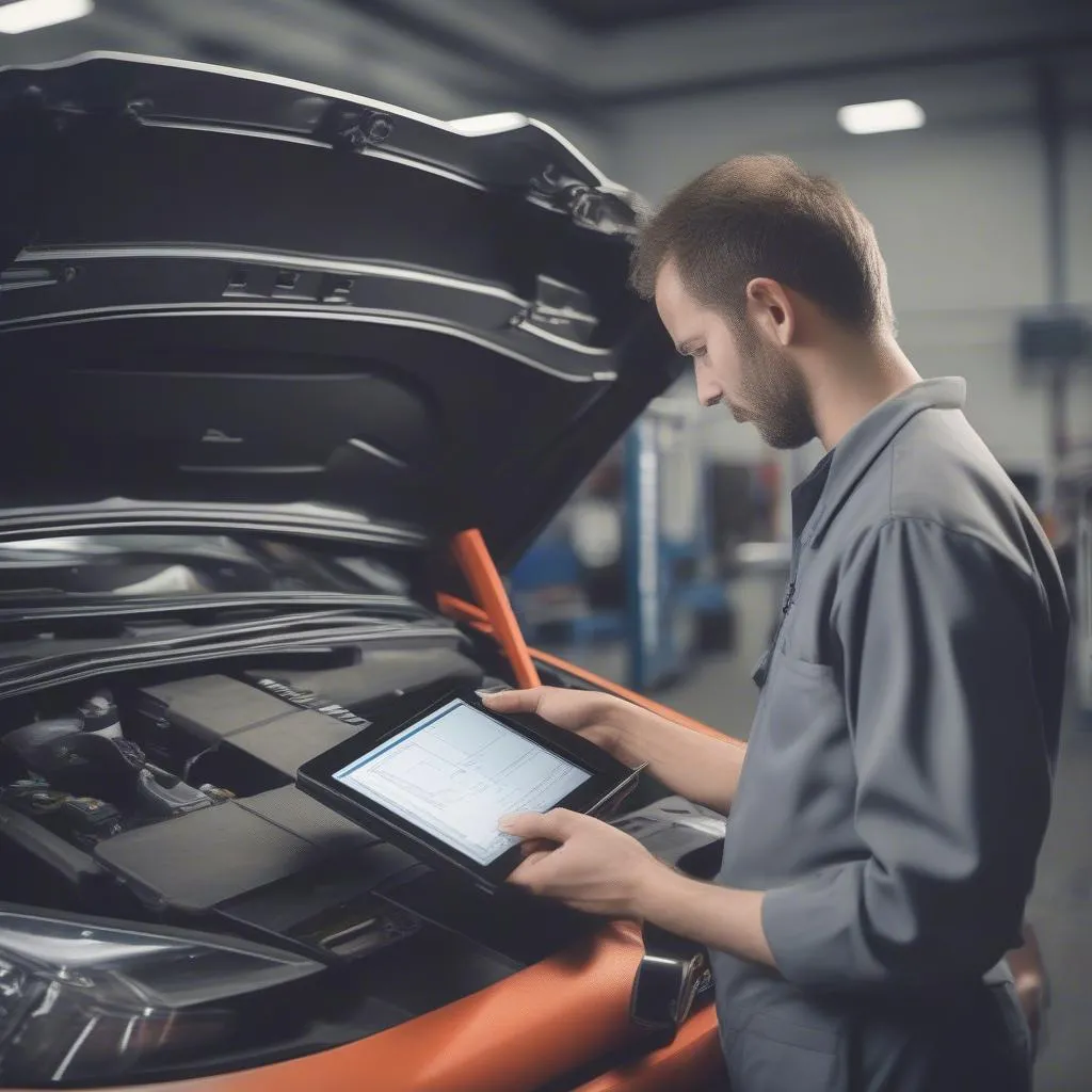 A mechanic working on a European car with a dealer scanner