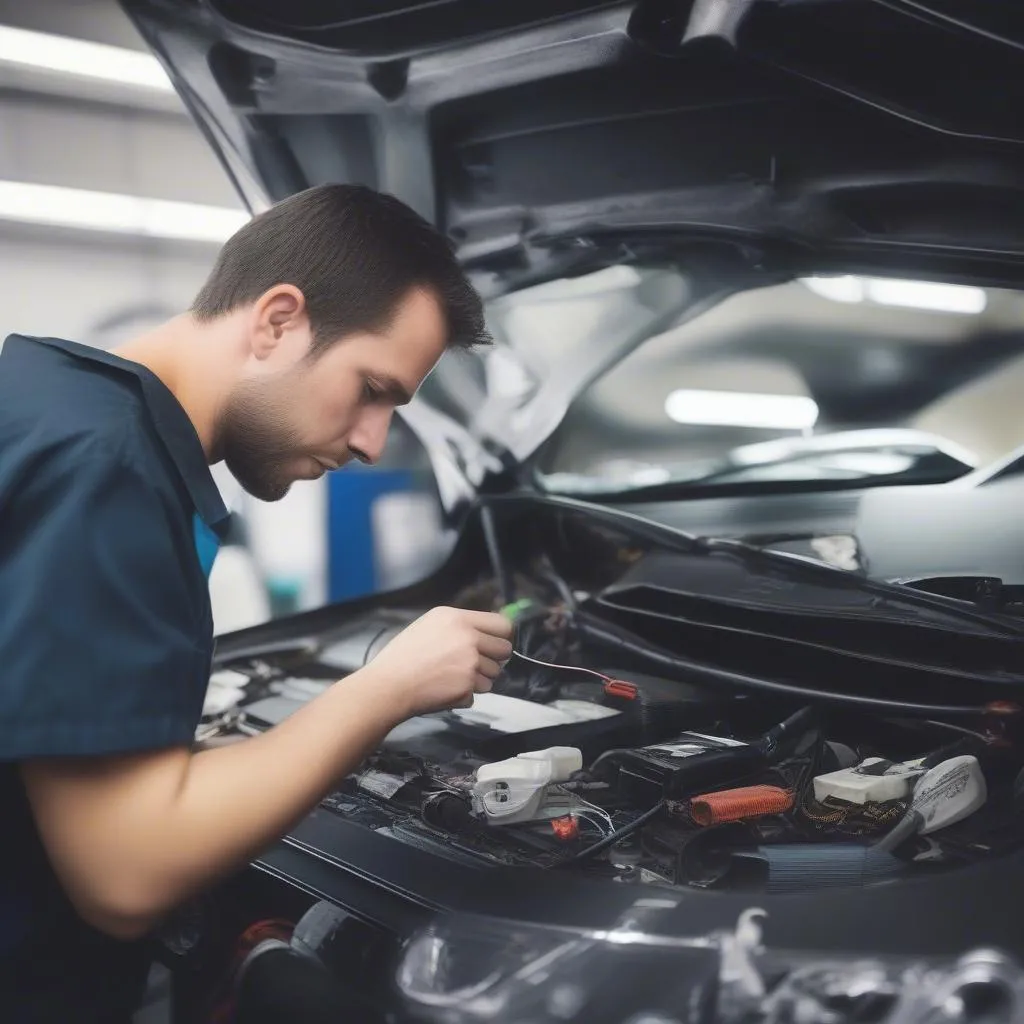 European Car Mechanic Diagnosing Problem