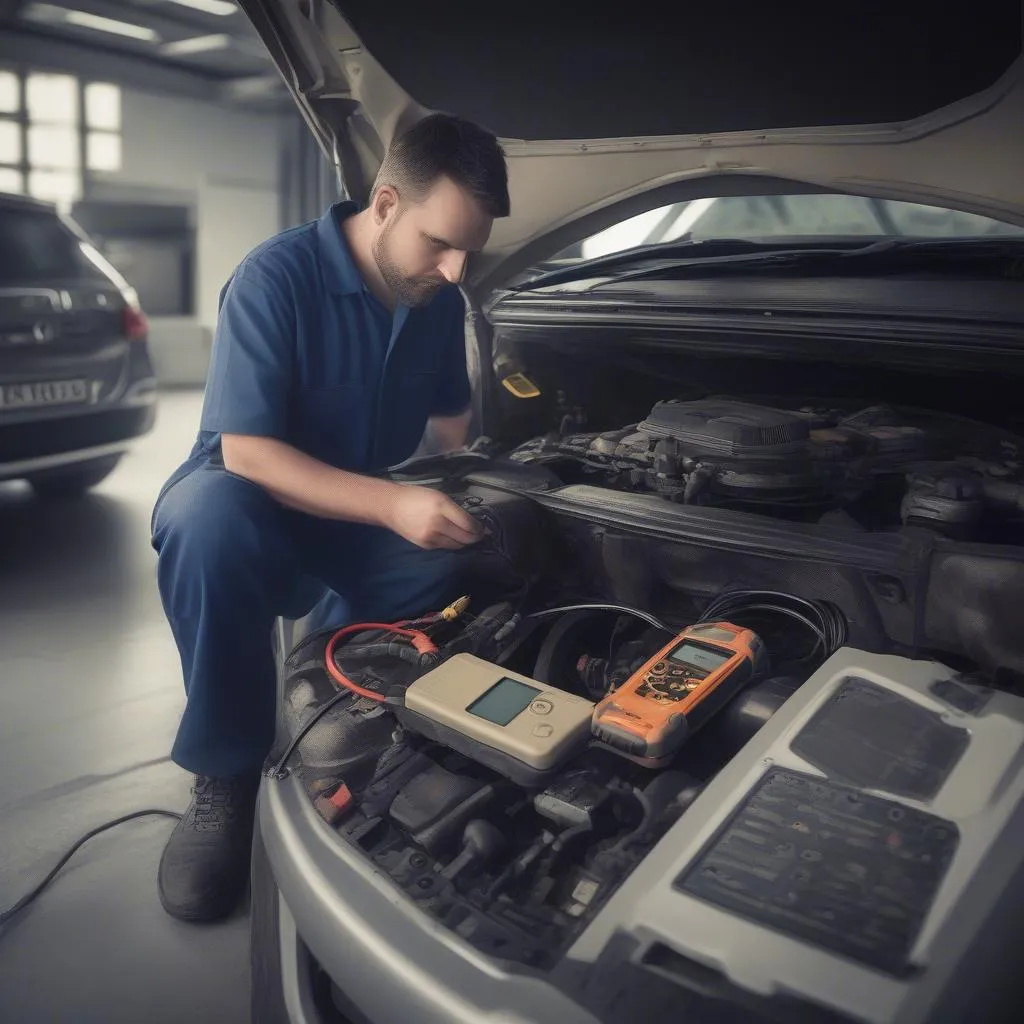 European Car Mechanic Using a Diagnostic Scanner