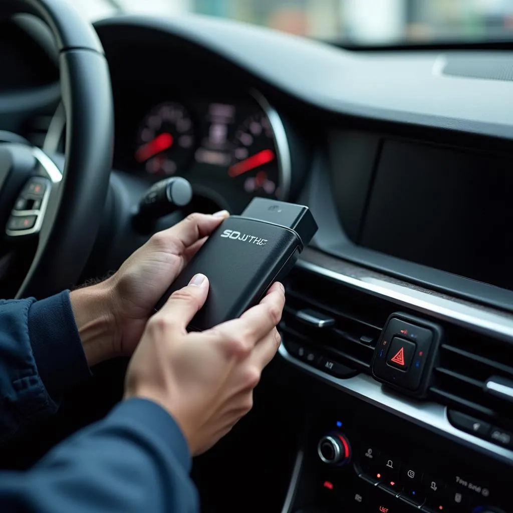 Mechanic connecting a scanner to a European car's OBD port