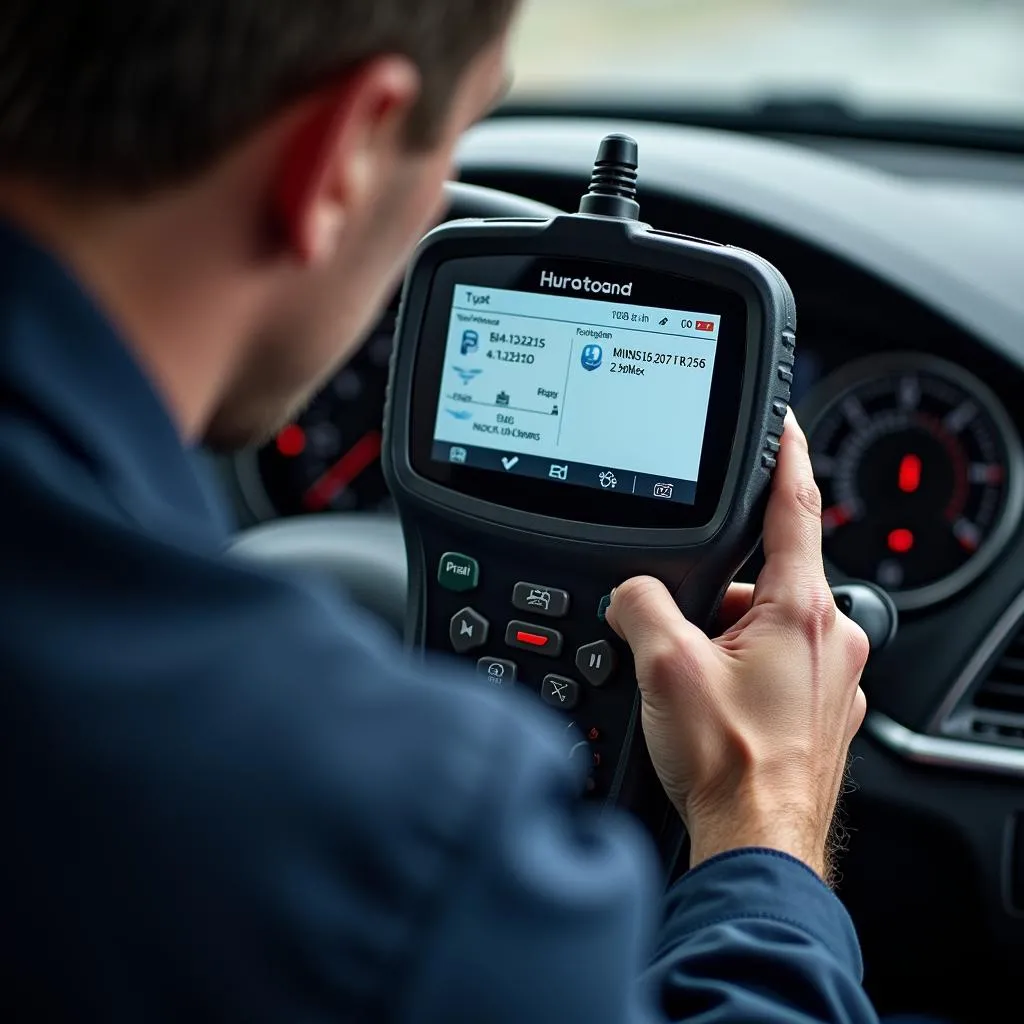 Mechanic inspecting a European car using an OBD scanner