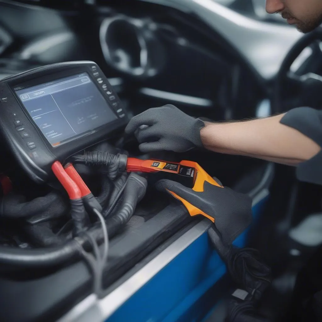 European Car Repair Mechanic Using OBD Scanner 