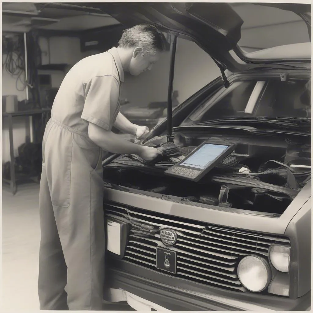 A mechanic using a dealer scanner to diagnose a European car