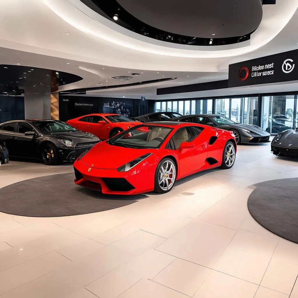 Modern and luxurious car dealership interior with exotic cars on display