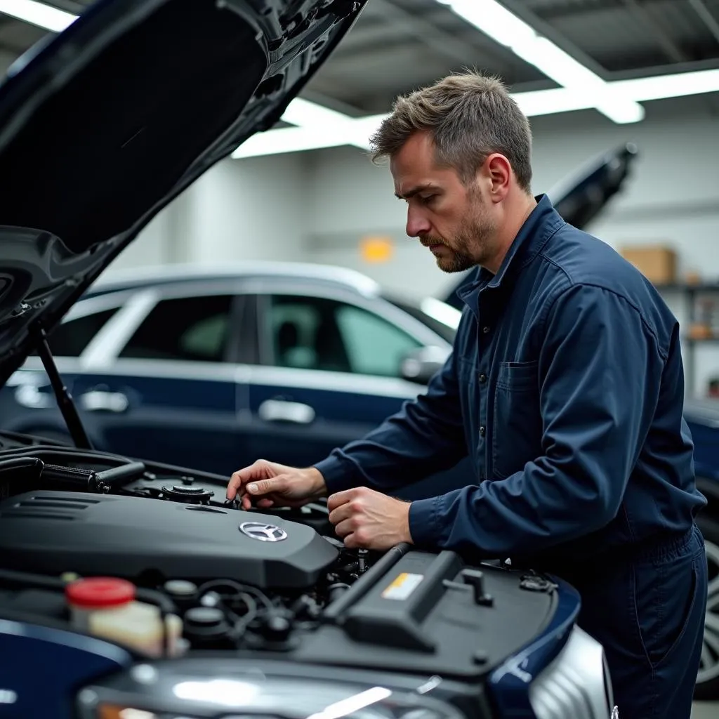 Skilled mechanic examining a Mercedes-Benz engine