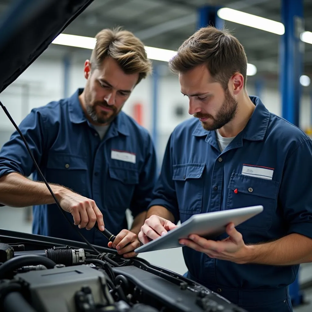 Experienced Mechanics Repairing Car