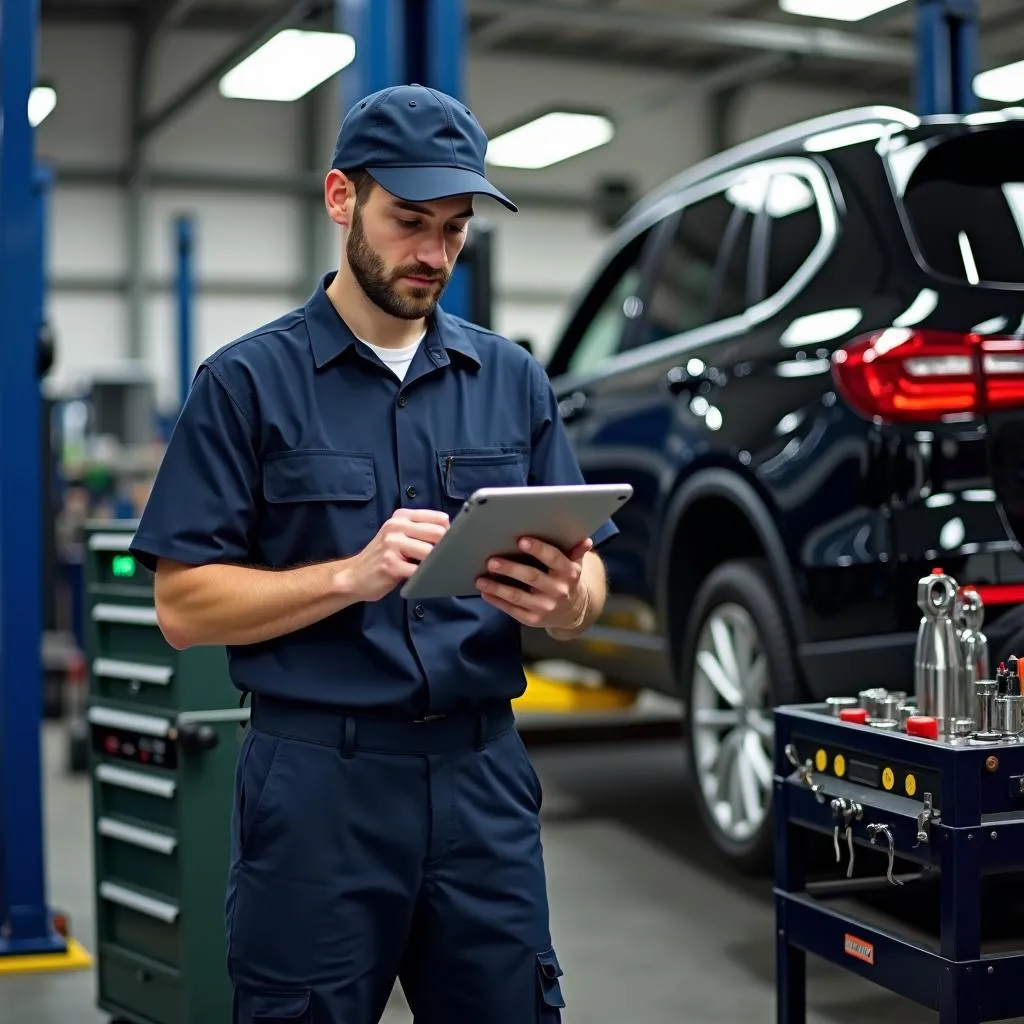 Expert Mechanic Using Digital Tablet in Raleigh Auto Shop