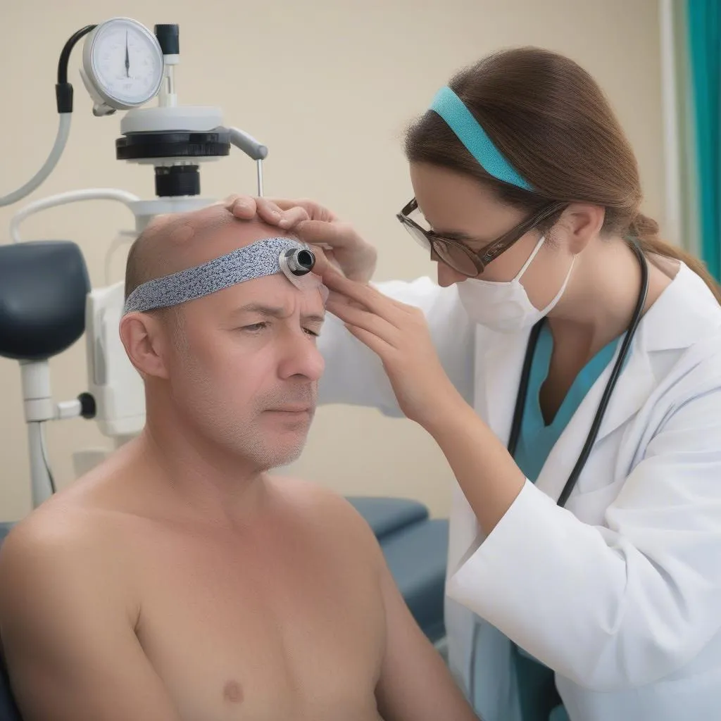 Urgent care doctor examining a patient with a red eye