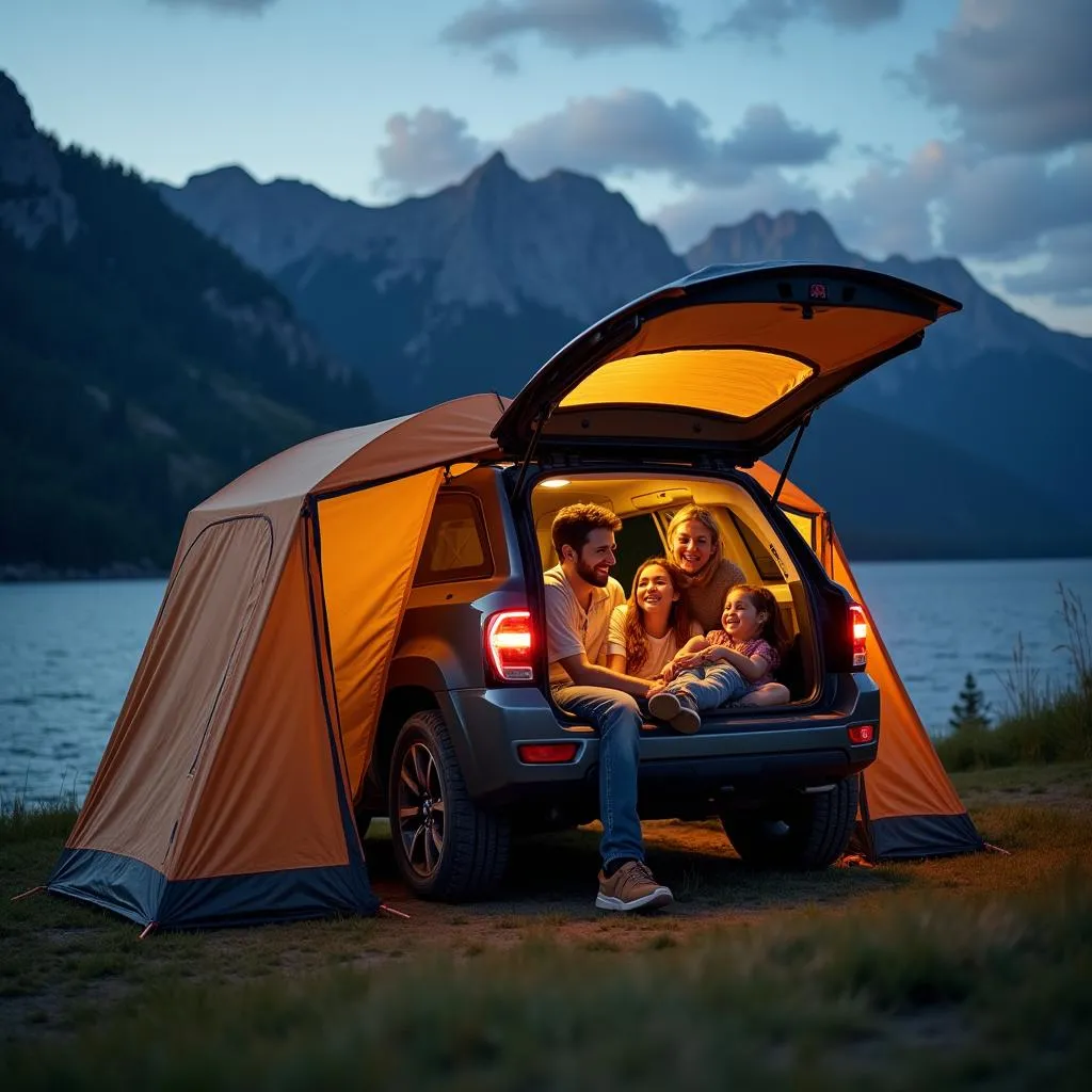 Family Enjoying a Car Camping Trip with a Car Tent